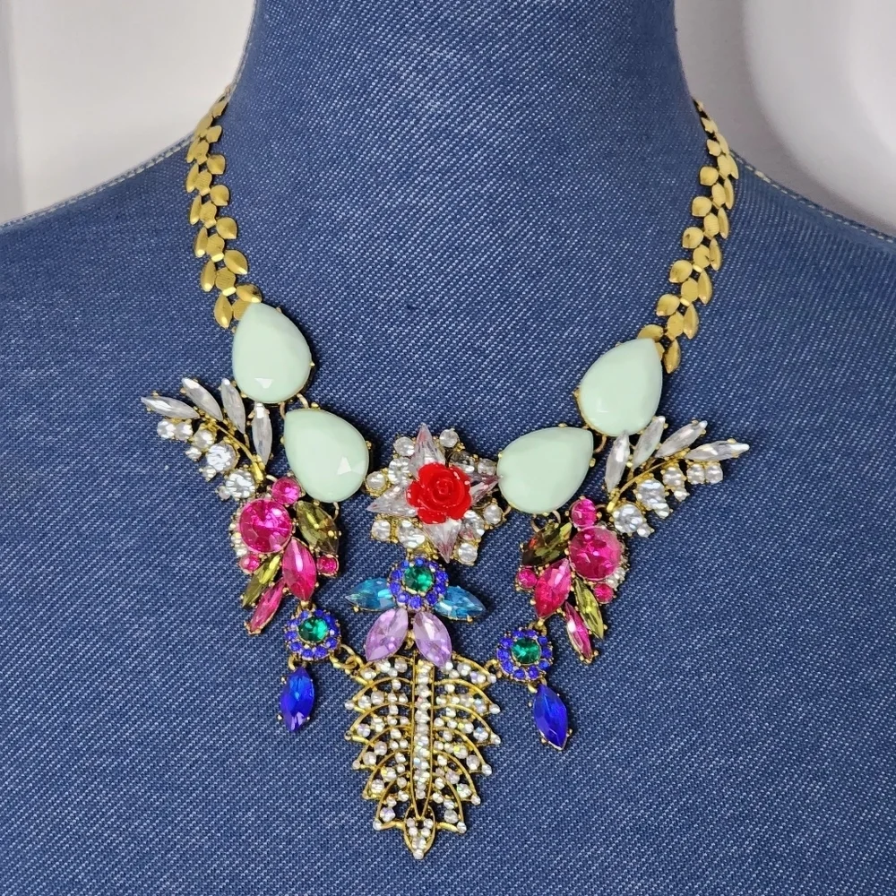 ​Vintage Multicolor Rhinestone Statement Necklace & Teardrop Earrings Set